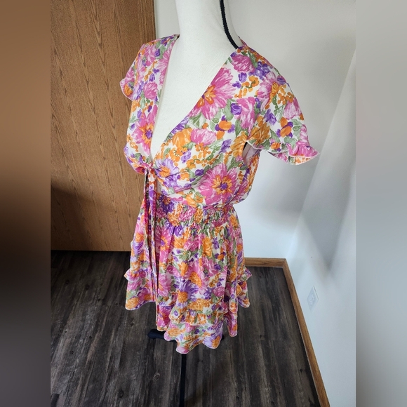 Pretty Garden Bright Floral V-Neck With Tie Knot Ruffle Dress - Picture 2 of 5